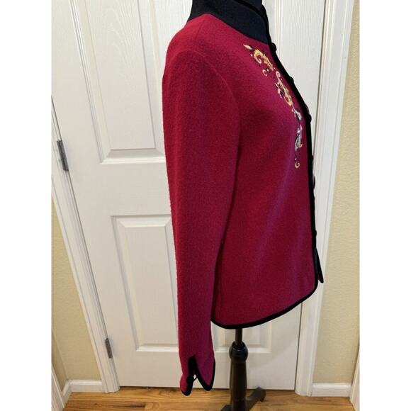 Icelandic Designs 100% Wool Cardigan Sweater Womens M Embroidery Velvet Trim - Picture 5 of 13
